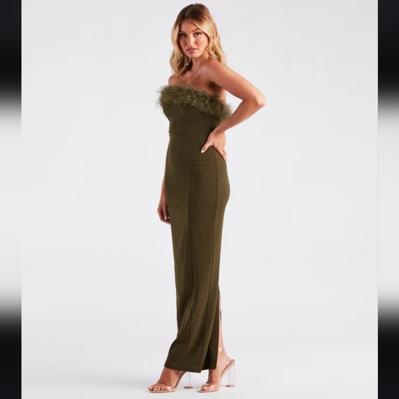 Windsor Medium Olive Green Monica Formal Dress Feather Trim Strapless Split - Picture 4 of 16